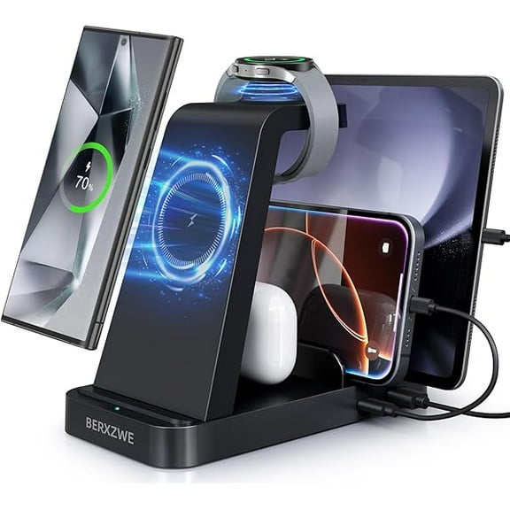 Wanhoo Wireless Charger for Samsung Charging Station, 5 in 1 Wireless Fast Charger for Galaxy S25 Ultra/S24 Ultra/S23/S22, Watch Ultra 7/6/5/4/3, Charger Dock Stand for All Galaxy Tab Series,Black