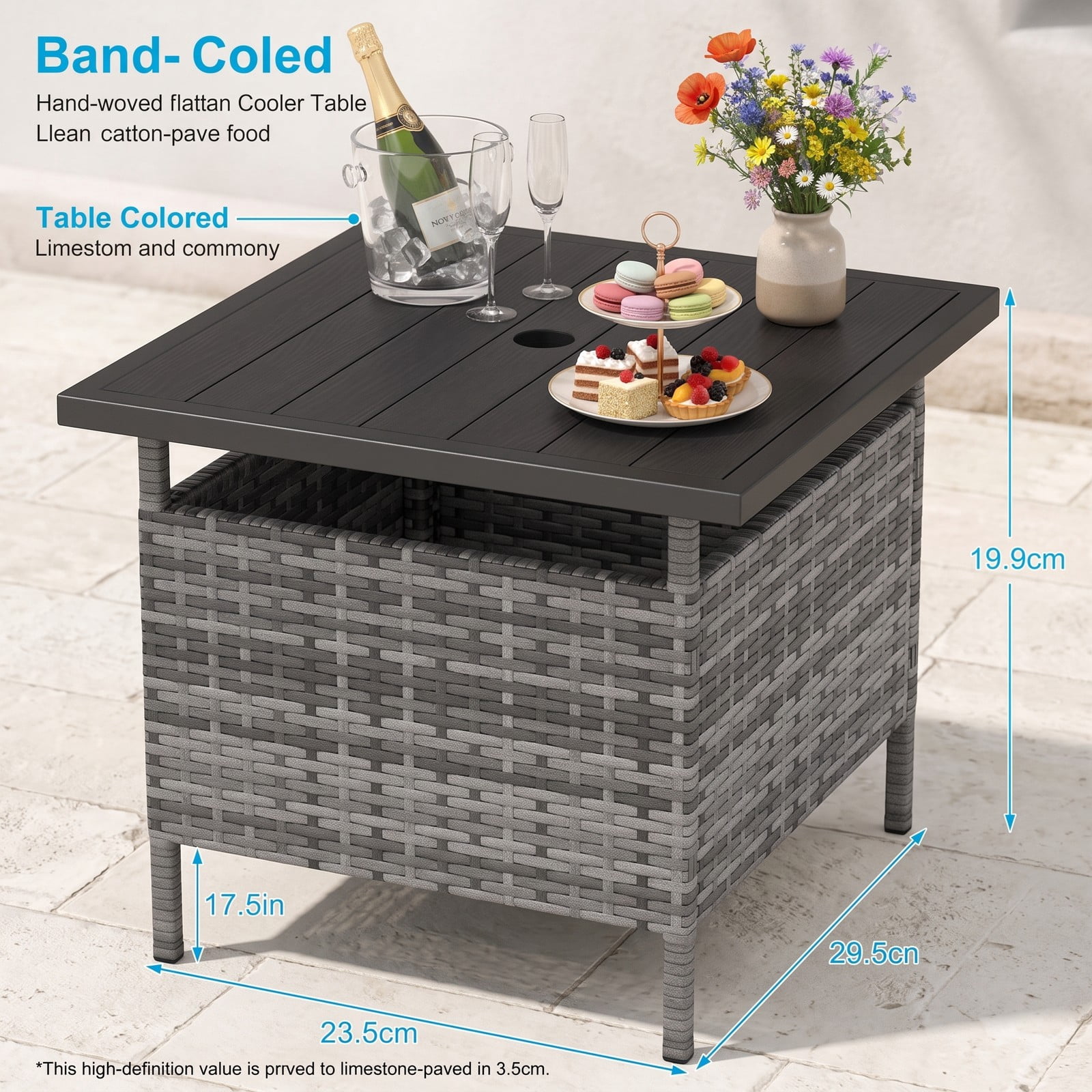 Furnibear Patio Square Wicker Side Table with Umbrella Hole, PE Rattan Outdoor End Table, Faux Wood Tabletop Metal Frame Coffee Table for Yard Garden Backyard, Gray