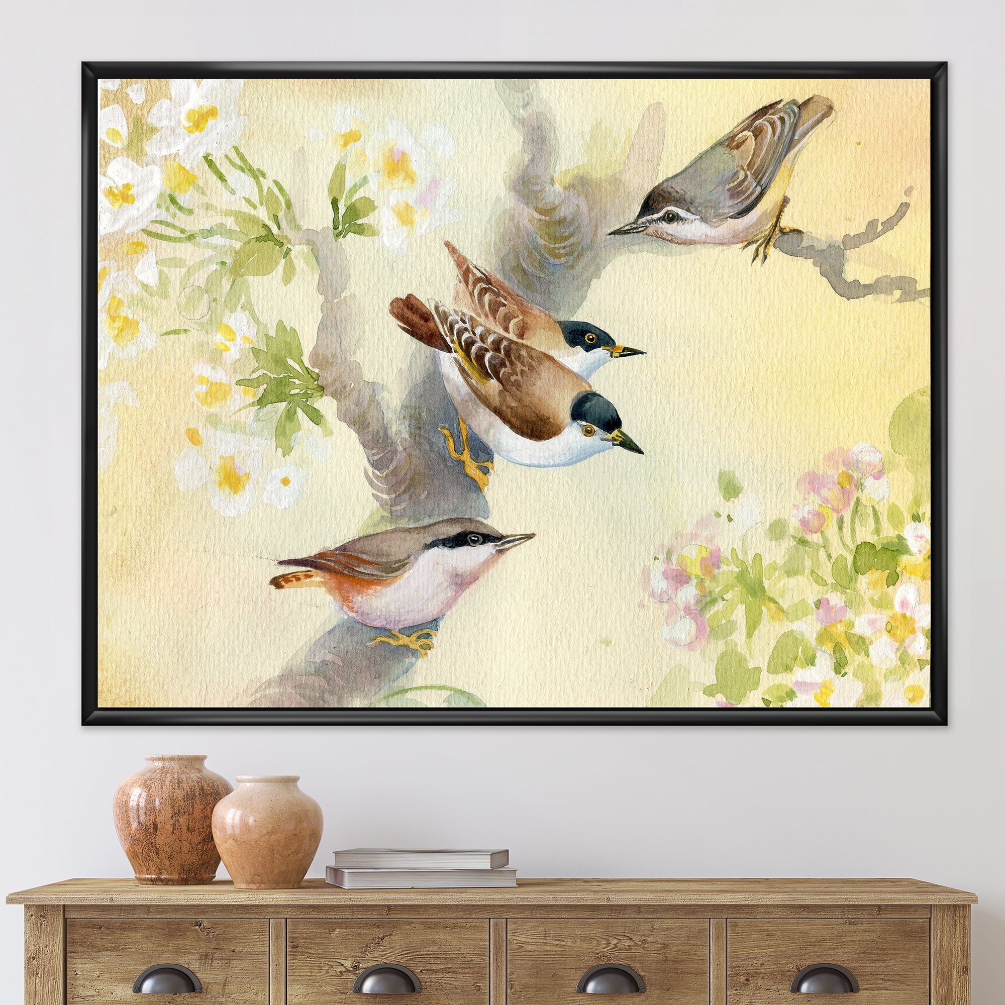 Designart 'Birds Sitting On A Blossoming Apple Tree' Traditional Framed Canvas Wall Art Print