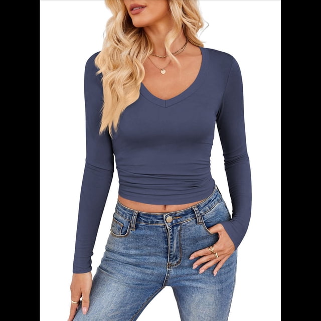 Camisas de Larga para Mujer, Moda Otoño 2025, Cuello en V, Blusas Básicas, Blusas Ajustadas Y2K. Azul L