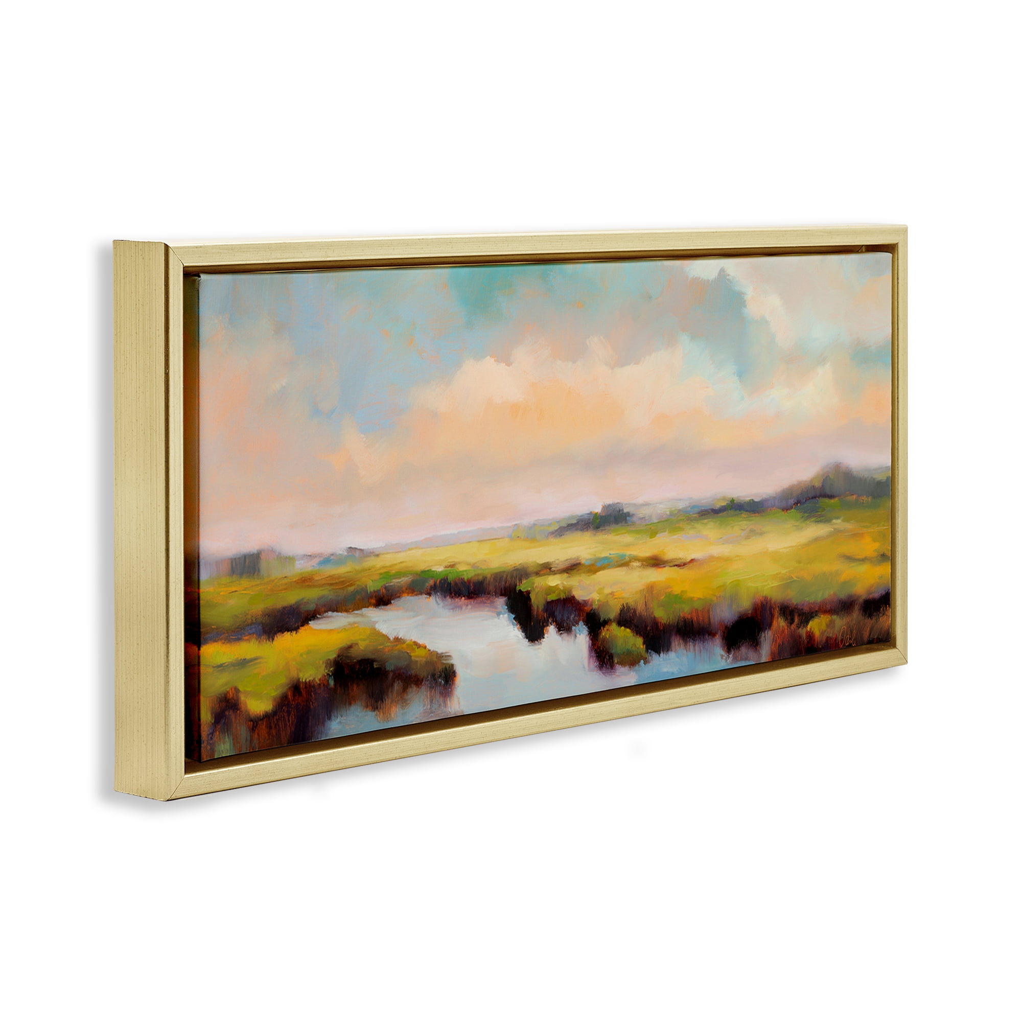 Stupell Industries Sunrise over Rural Stream Landscape & Nature Painting Gold Floater Framed Canvas Art Print Wall Art, 25 x 11