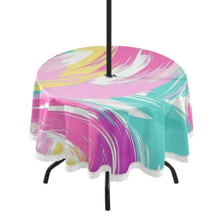

60 Outdoor Round Tablecloth with Umbrella Hole & White Lace Trim Waterproof Patio Table Cover for Garden Kitchen Dining Pink and Yellow Gradient Abstract