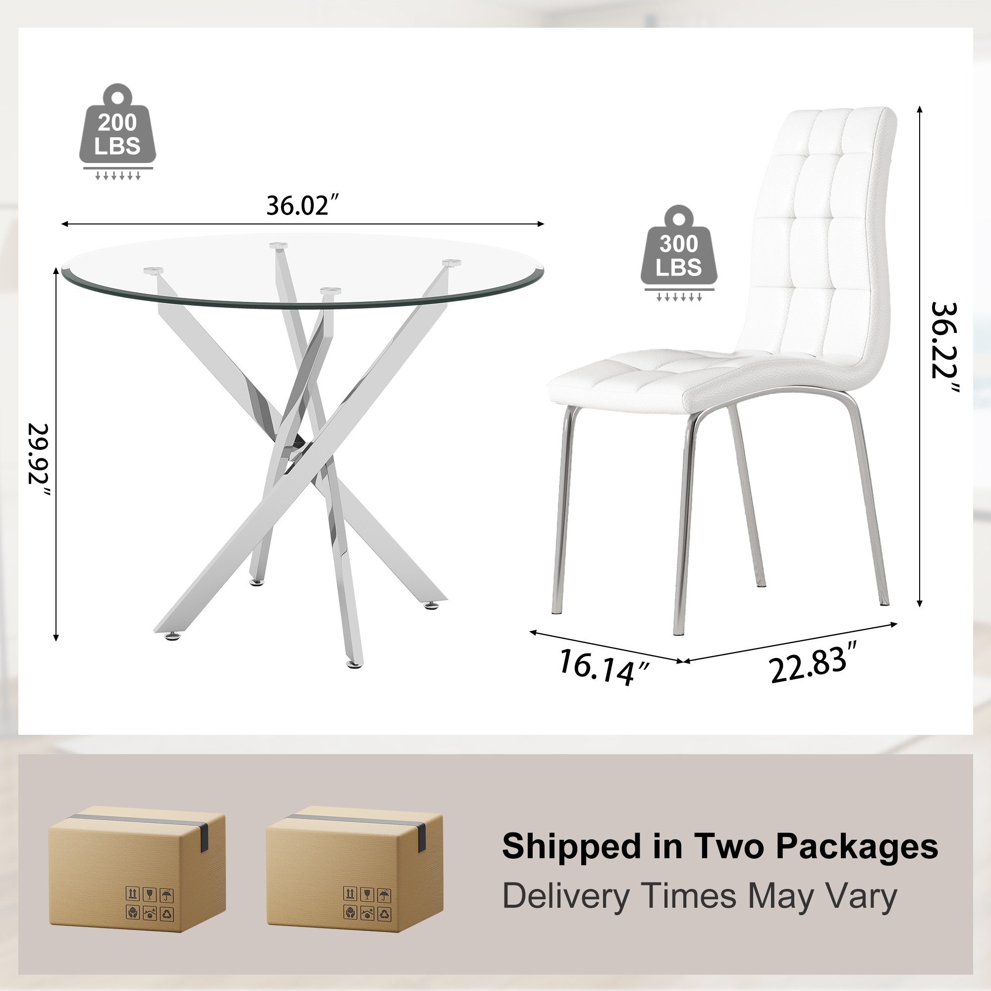 5-Piece 36" Round Glass Dining Set, Clear Tempered Glass Table & 4 PU Leather Chairs with Stainless Steel Legs for Kitchen, Meeting Room