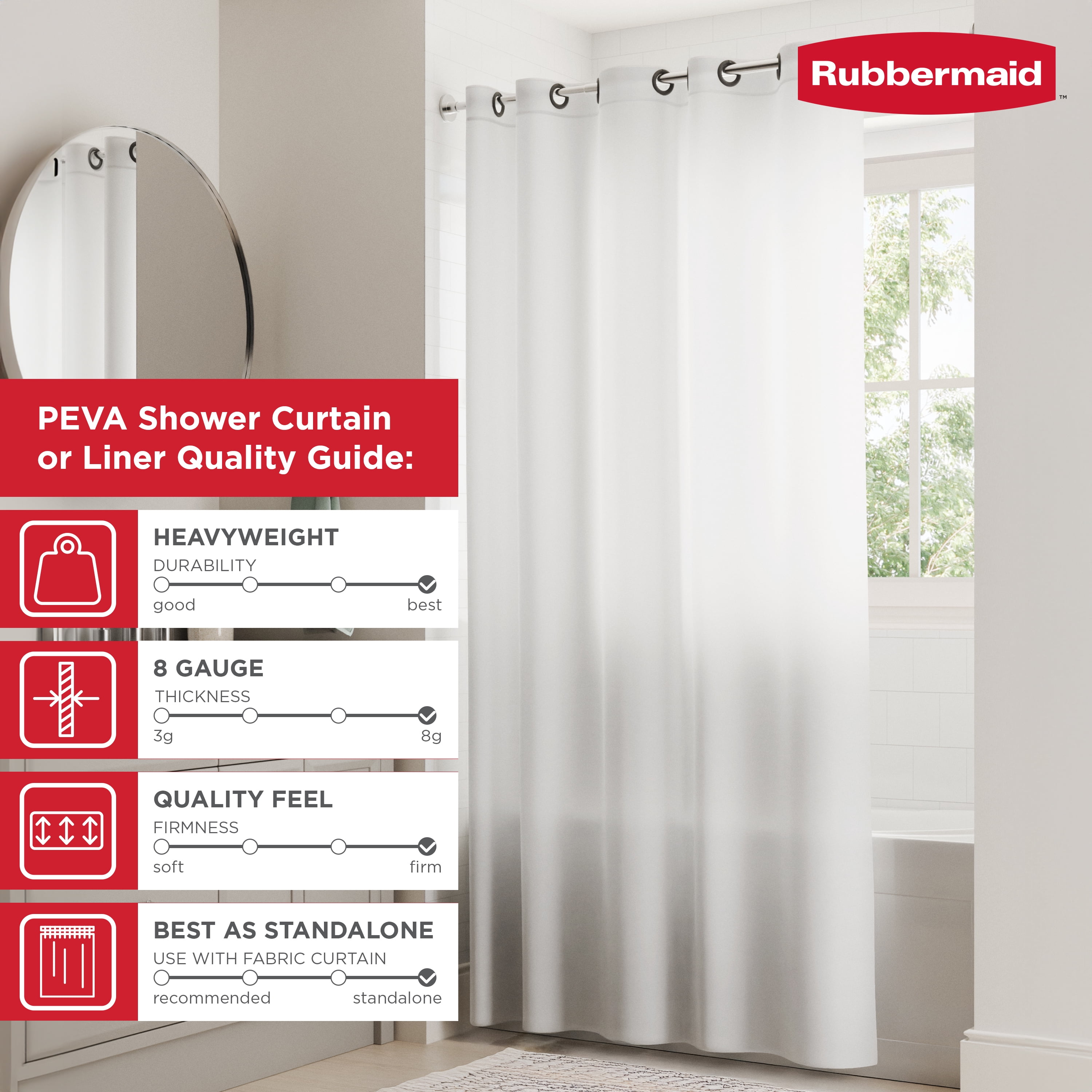 Rubbermaid Frosty No Hook 3-in-1 Waterproof Heavyweight PEVA Instacurtain Shower Curtain with Weighted Magnets and Rustproof Gray Rings, 71” x 74”
