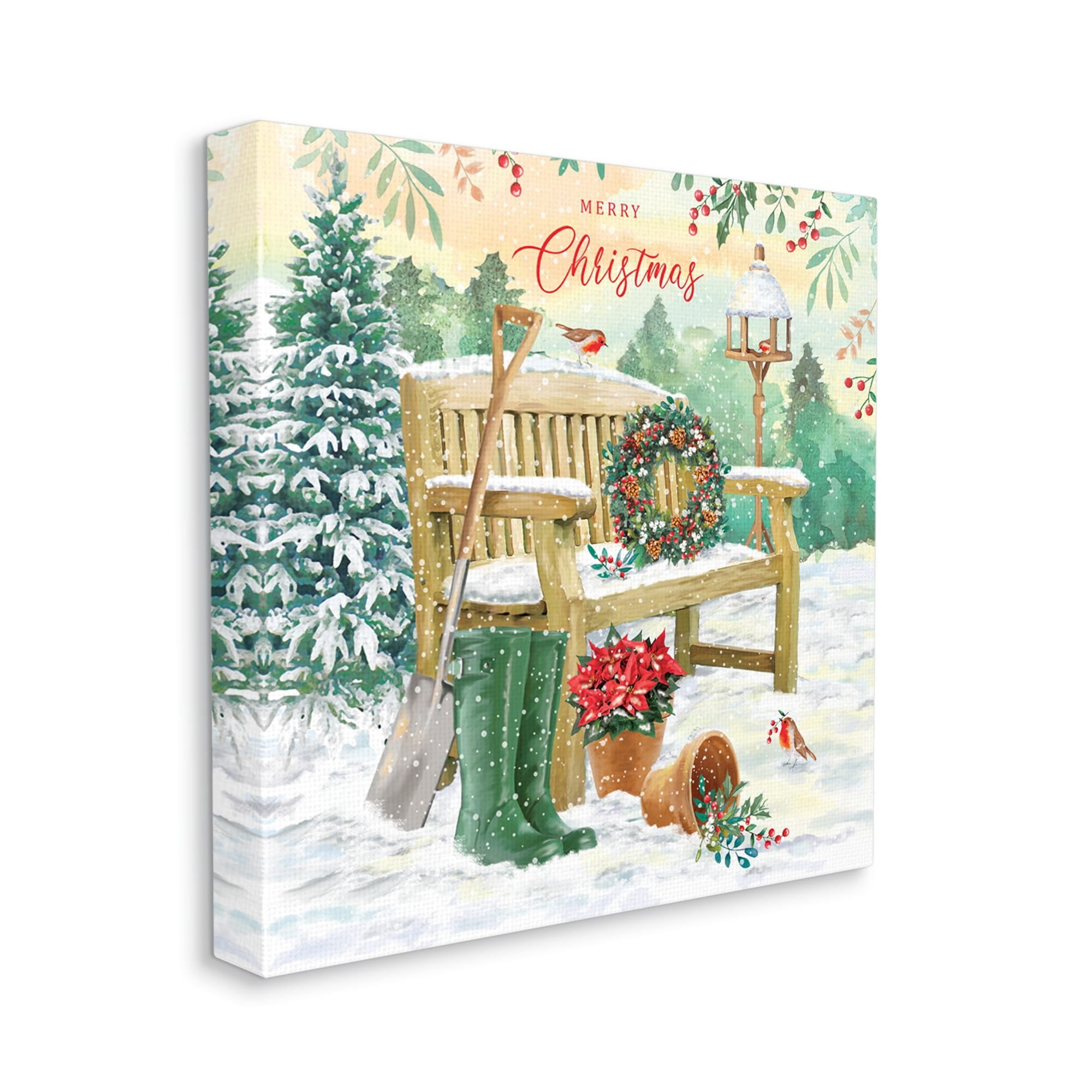 Stupell Industries Merry Christmas Winter Bench Holiday Painting Gallery Wrapped Canvas Print Wall Art