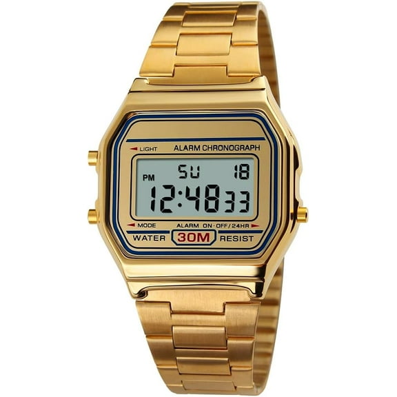 Men Lady Vintage Retro Gold Stainless Steel Digital Casual Watch Alarm Stopwatch