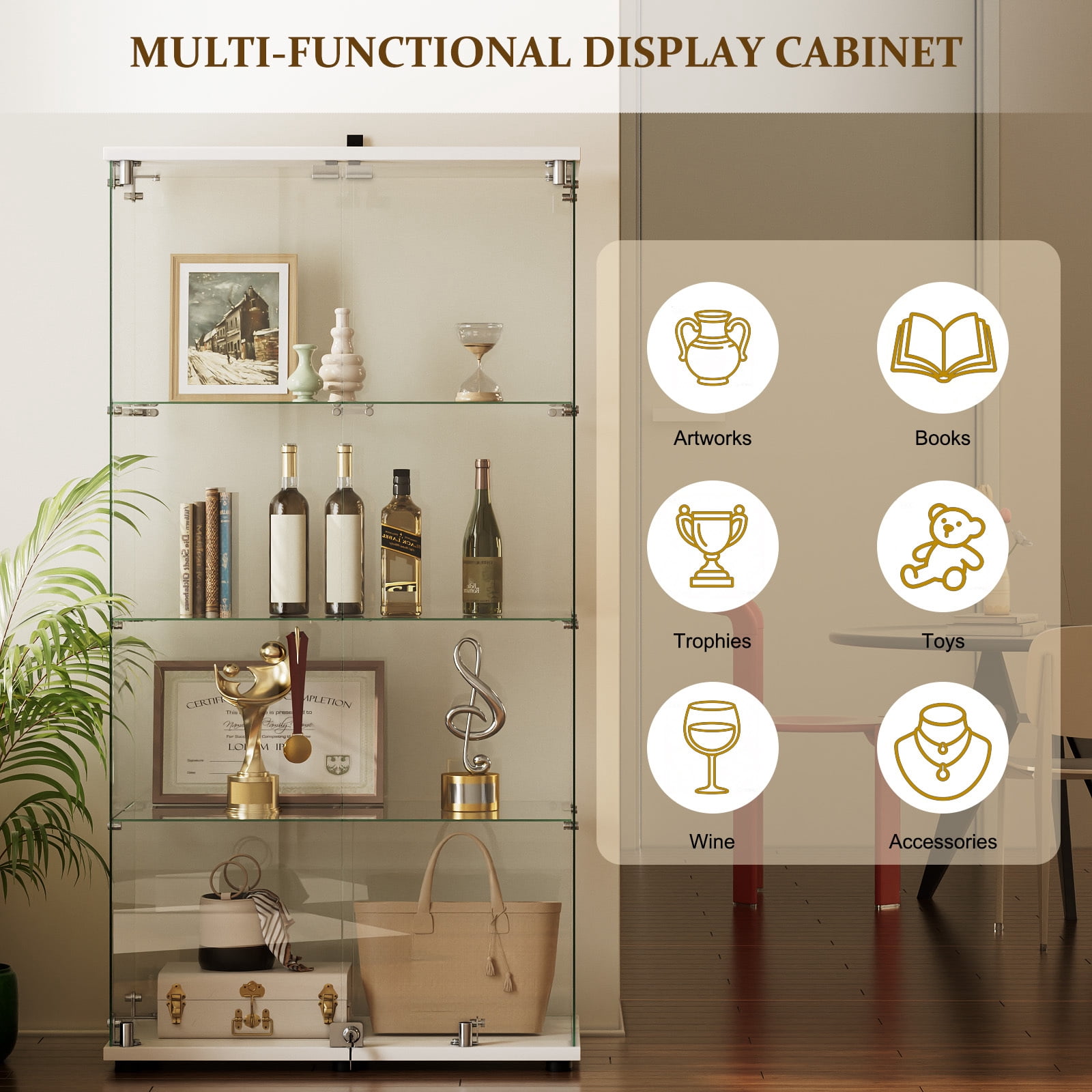 Clarvion 64" Tall Display Cabinet with Lock, 4-Tier Tempered Glass Display Case for Collectibles, Freestanding Double Door Showcase, White