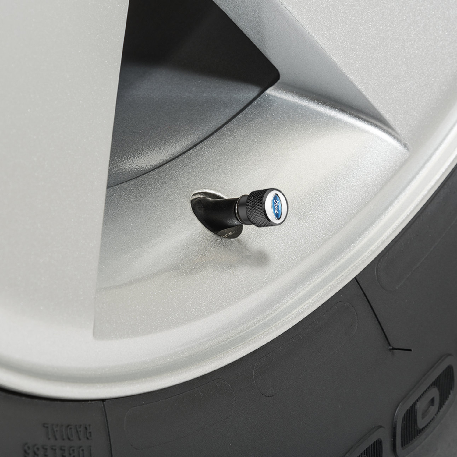 Ford Mustang in White on Black Aluminum Tire Valve Stem Caps