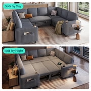 Linsy Home Storage Sectional Sleeper Sofa with Pull Out Bed, 8 Seat Modular Sectional Sofa with with USB & Cup Holder, Plush Corduroy Sectional Couches for Living Room, Dark Grey