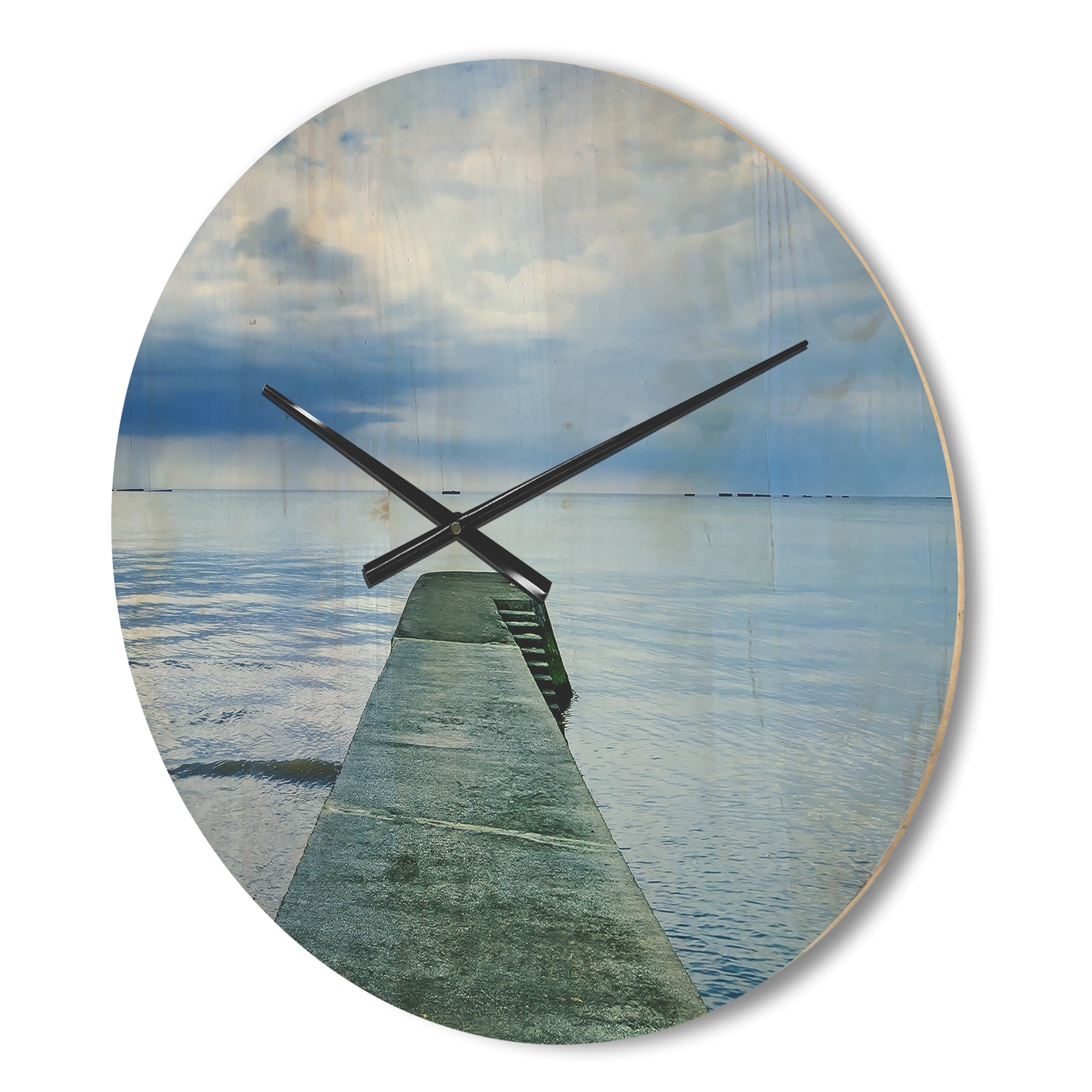 Designart 'Concrete Lake Pier Under Cloudy Sky ' Modern Wood Wall Clock