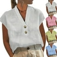 thumbnail image 6 of Cotton Linen Button Up Shirts for Women Dressy Casual Cap Short Sleeve V Neck Blouses Comfy Loose Fit Tops (M, Green), 6 of 6