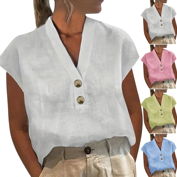 YHAJDS Pleated Tunic Tops Womens Tops Short Sleeve V Neck Linen Loose Blouse Solid Color