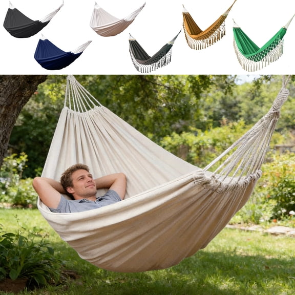 Hyknon Portable Camping Hammock for Adults Heavy Duty Hanging Hammocks with Tassels Travel Nylon Hammock Swing for Patio Indoor Outdoor Accessories