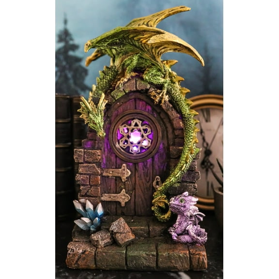 Fantasy Green Dragon With Wyrmling Perching On Door Arch LED Light Figurine