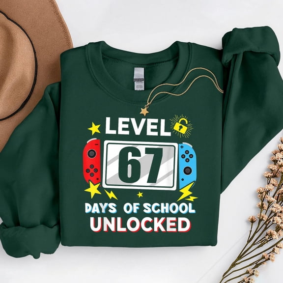 67th Day Of School Level 67 Days Of School Unlocked Gamer – T-Shirt, Hoodie & Sweatshirt – School Theme – Students &