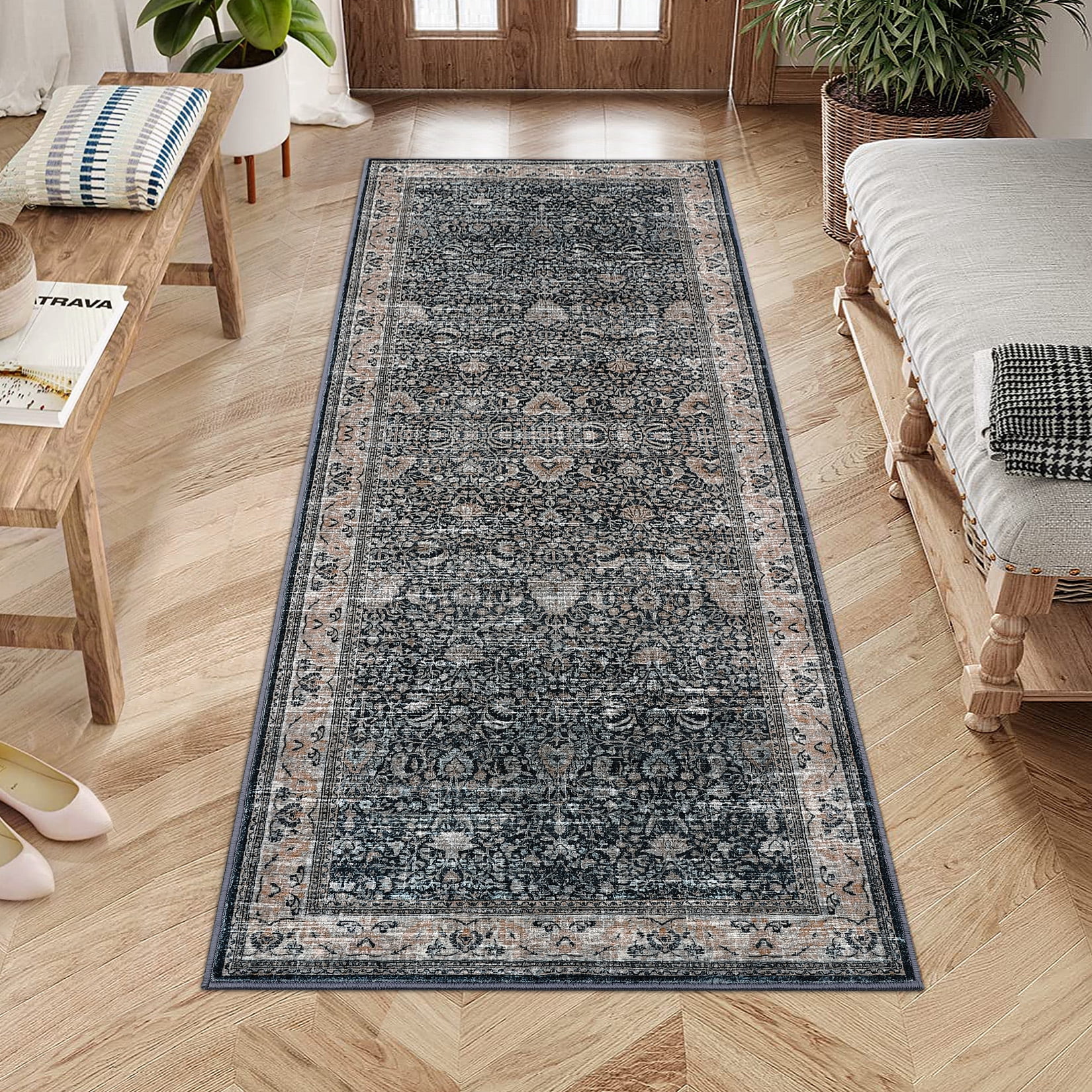Washable Runner Rugs, Black 2'X6' Antique Distressed Long Rug, Modern Non Slip Stain Resistant Vintage Print Accent Carpet Floor Mat for Living Room Bedroom Dining Office Farmhouse Hallway Entryway