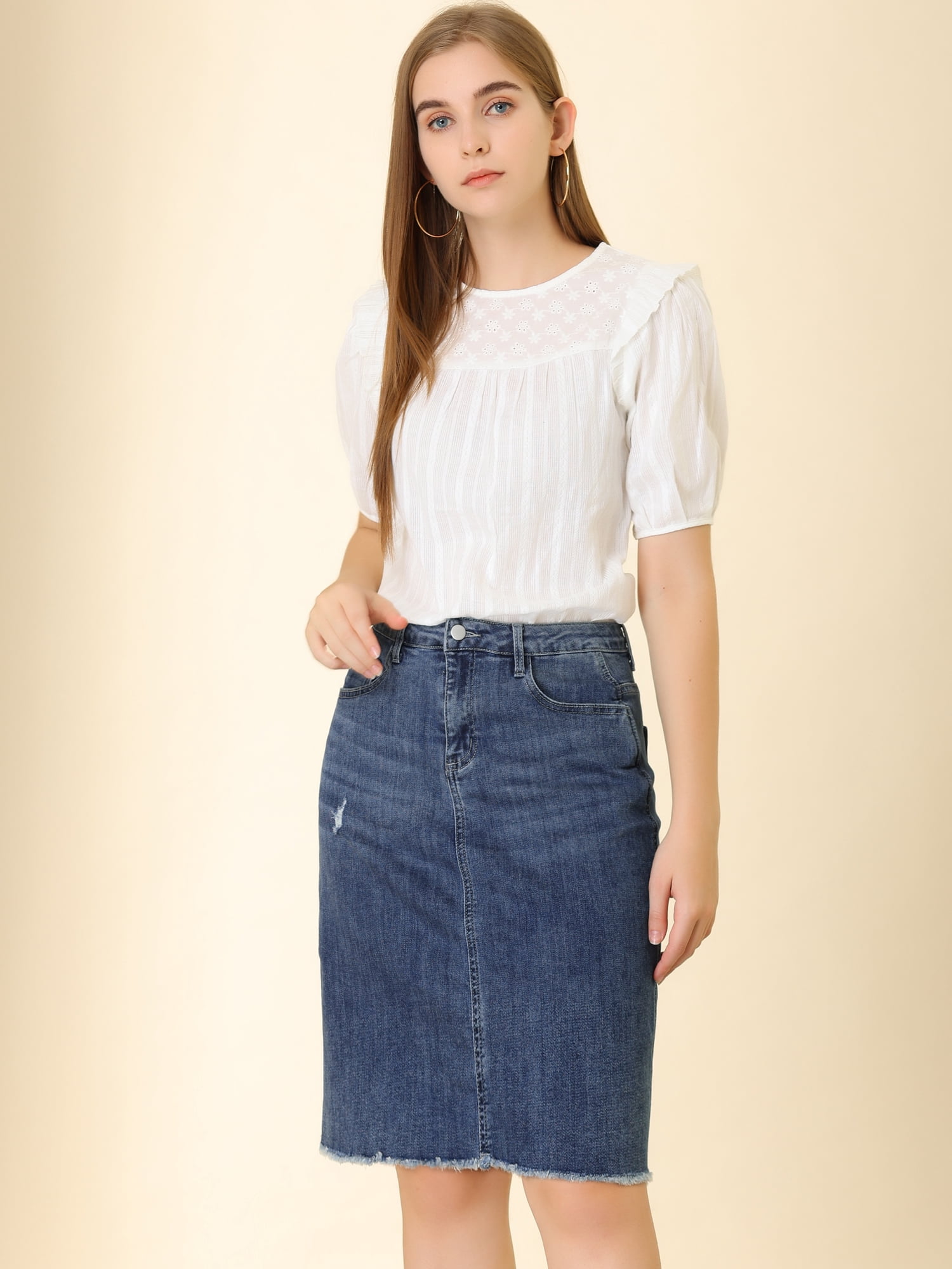 DARING DIVA Women's Ripped Hem Washed Jeans Denim Skirt XL Dark Blue