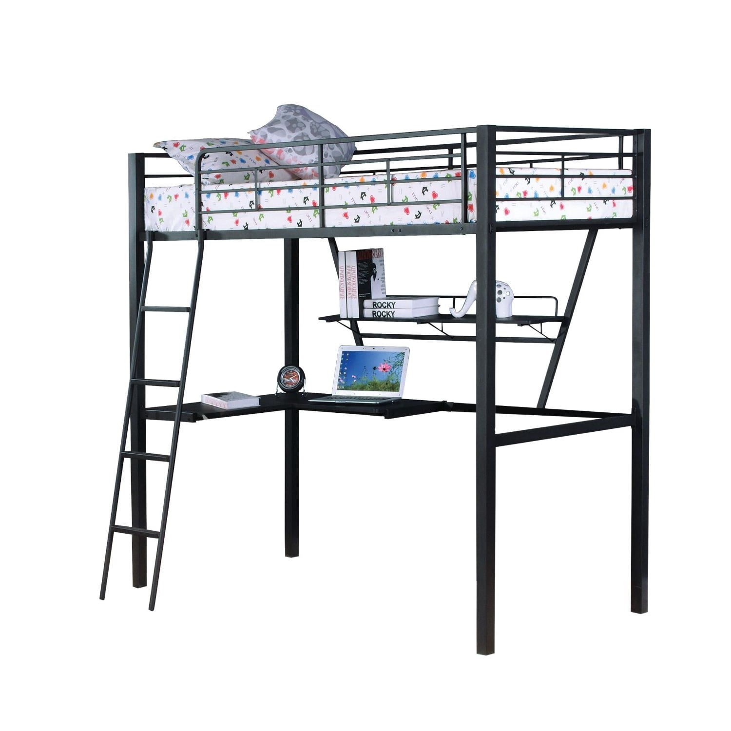 Twin Loft Bed with Desk and Reversible Ladder, Metal and Synthetic Wood Frame, Built-In Slat System, 79 in Long