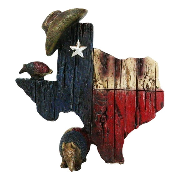 Rustic Western Lone Star State Texas Map with Armadillos and Cowboy Hat Figurine