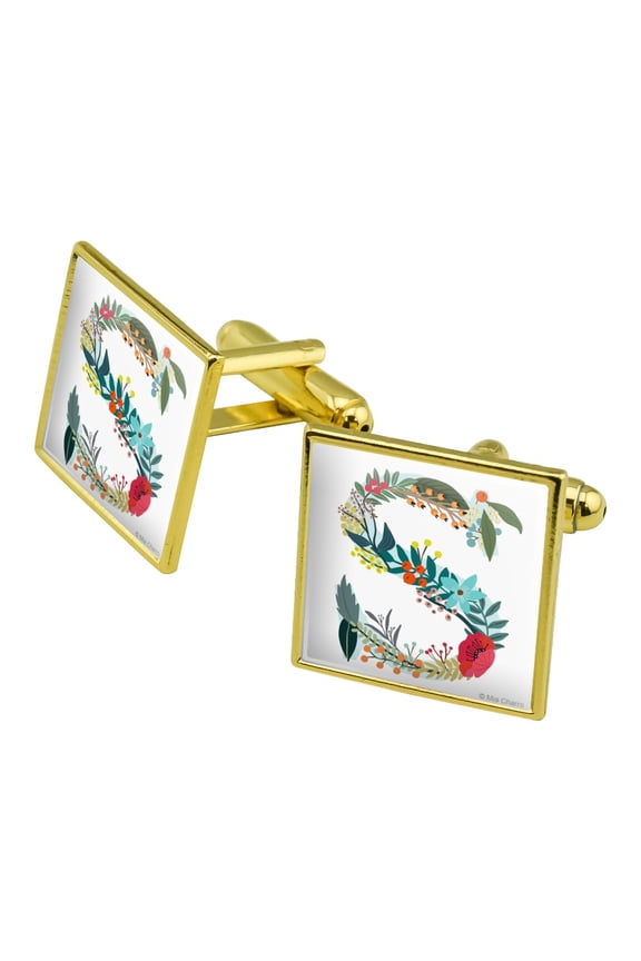 Letter S Floral Monogram Initial Square Cufflink Set - Silver or Gold