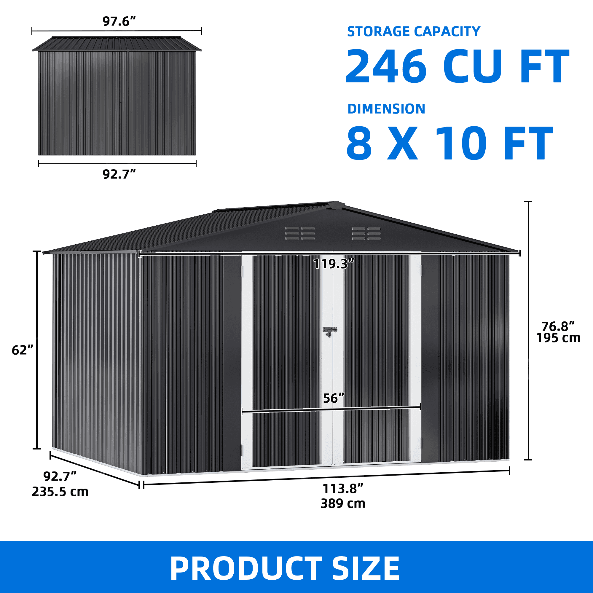 Uforic 10x8ft Metal Storage Shed with Lockable Doors & Vents Storage for Garden Tools, Lawn Equipment, Bikes Dark Gray