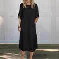 thumbnail image 2 of UsYezik Dresses for Women 2025 Casual Spring Cotton Linen Long V Neck 3/4 Sleeve Solid Flowy Sundress T-Shirt Midi Summer Dress Black S, 2 of 5