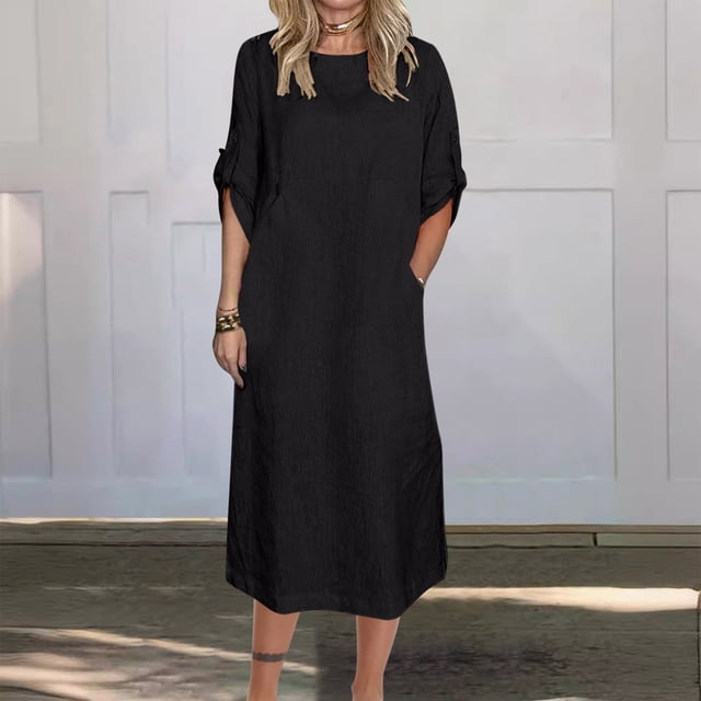 Gspmoly Robes pour Femmes, Mode Femmes Été Décontracté Uni Col en V Manches Courtes Longue Robe Robes de Cocktail Offres des Fêtes