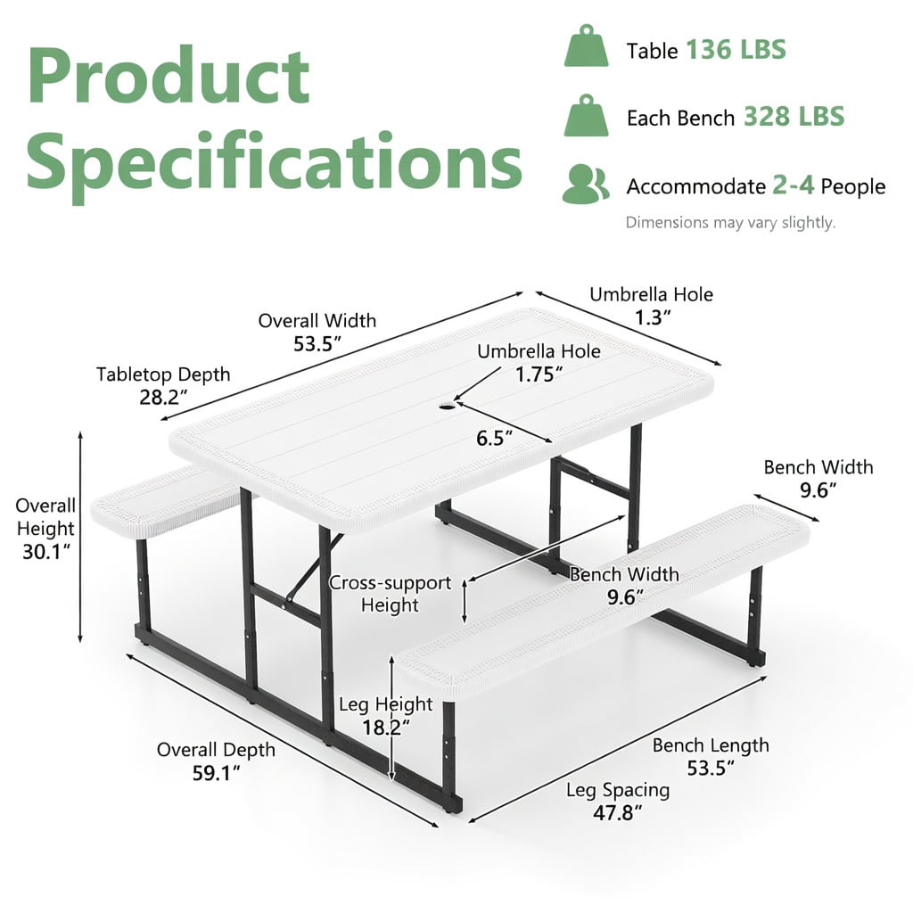 Hommoo Outdoor Picnic Table and Bench Set for 2-4 People, Rectangular HDPE Dining Table with Metal Frame, Weather-Resistant & Easy-Clean Design, White