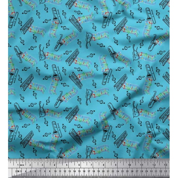 Soimoi Satin Silk Fabric Notes,Piano & Guitar Musical Instrument Print Fabric by The Yard 42 Inch Wide