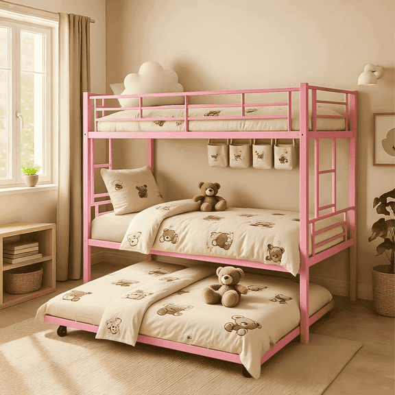 ATOPCORP Twin over Twin Triple Bunk Bed with Trundle for Teens/Adults, Heavy Duty 2-in-1 Convertible Beds with 12 Inches High Guardrail, Pink Metal Space-Saving Side Ladders and Underbed Storage