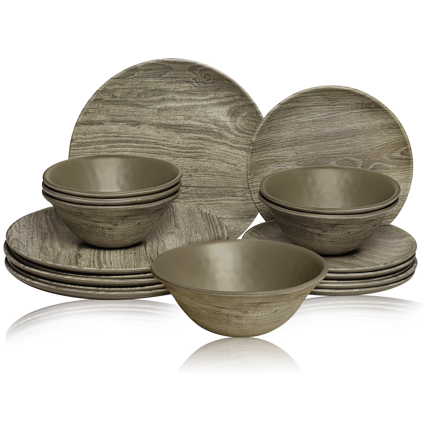 18-Piece Rustic Dishes Set TP Melamine Dinnerware Set Wood Grain Dinner Service for 6 with Bowls and Salad Dinner Plates 