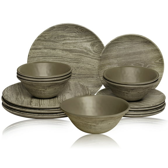 TP Dinnerware Sets, Melamine Dinner Service for 6, 18-Piece Plates and Bowls Set, Dishwasher Safe, Wood Grain