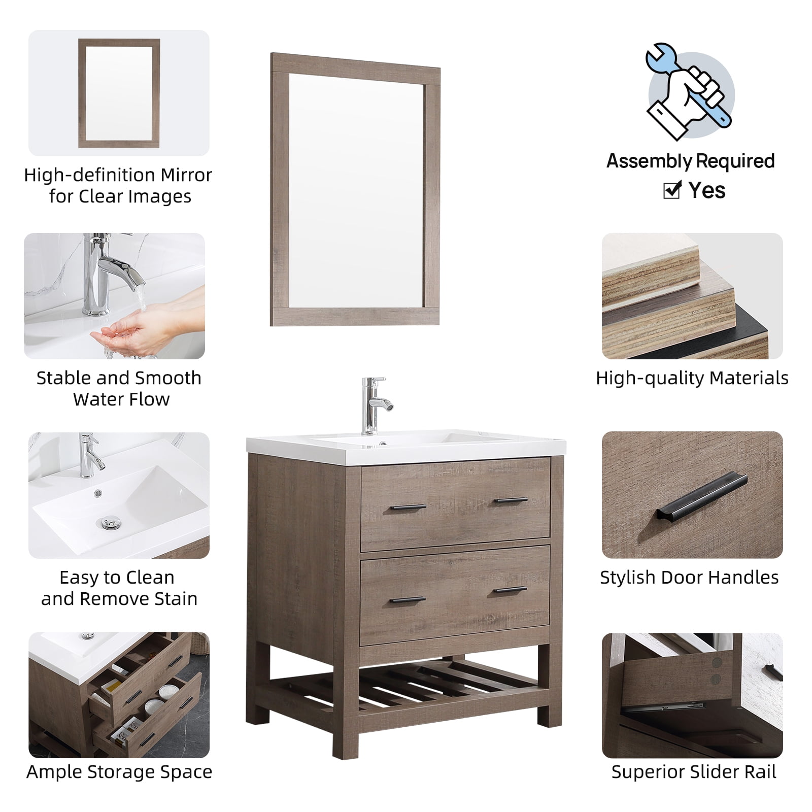 Wonline 30" PB Board Bathroom Vanity with Undermount Sink&Mirror