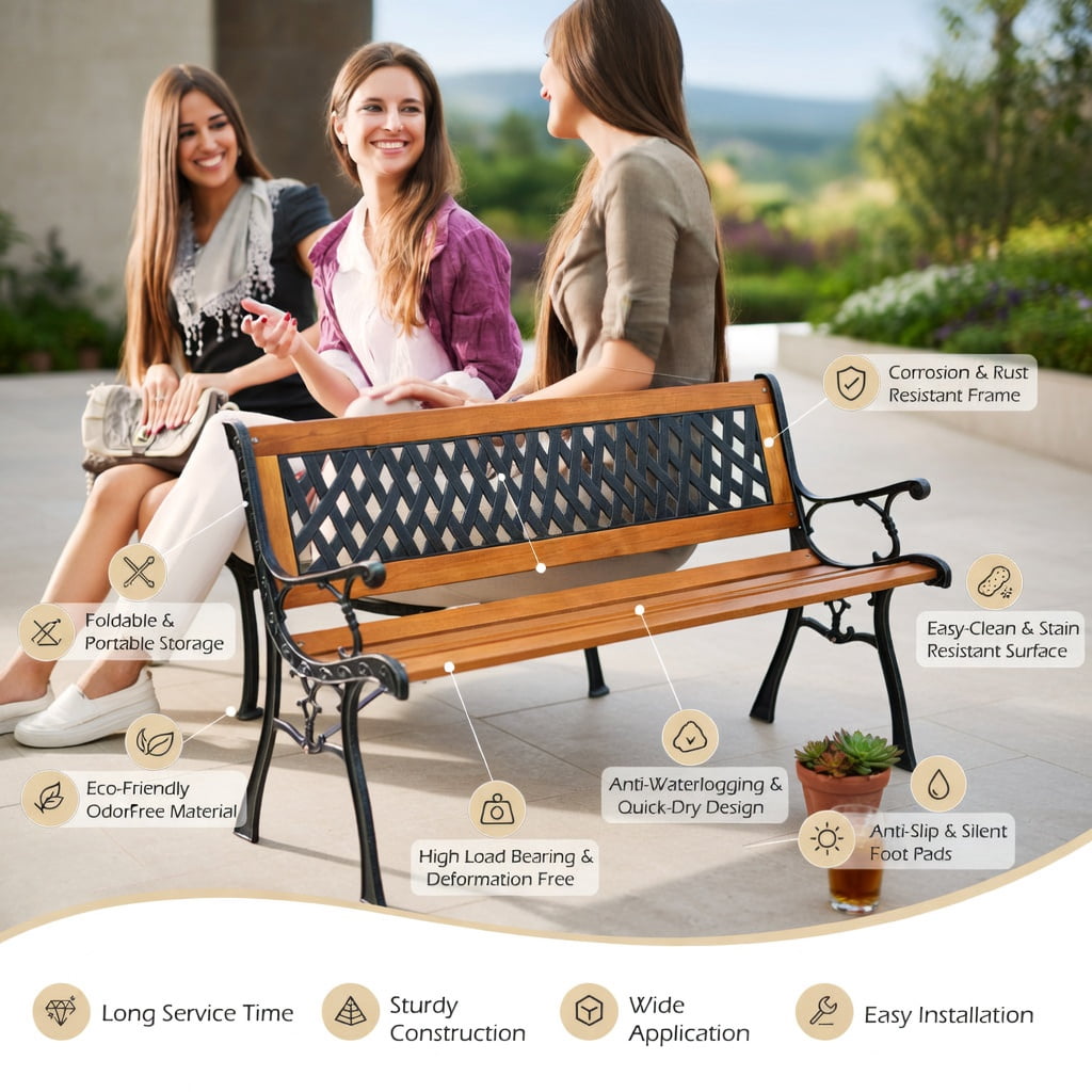 Hommoo Heavy-Duty Cast Iron Outdoor Patio Bench with Solid Wood Seat, Black + Natural