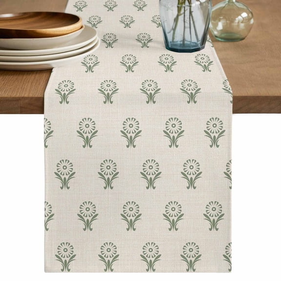 Bohemia Table Runner 48 Inches, Green Flowers Abstract Boho Beige Bed Runner Dresser Scarves Tabletop for Indoor Outdoor Parties/Ceremony/Banquet, 13" x 48"