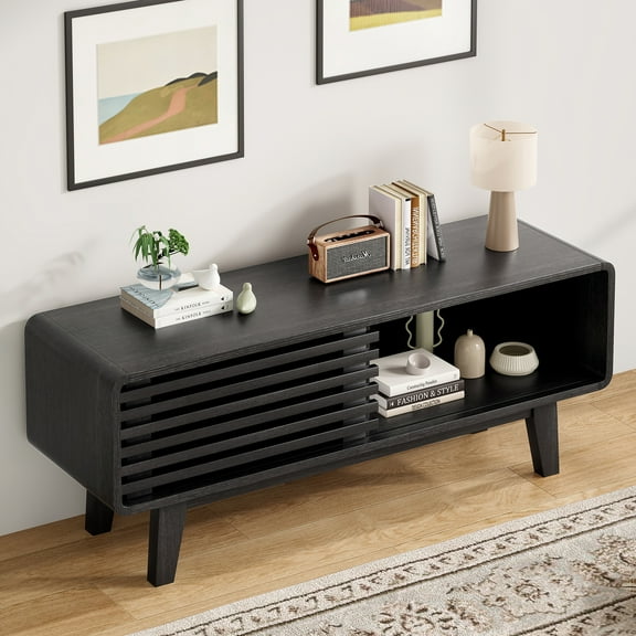 GlasFlength TV Stand Mid Century Modern Entertainment Center with Storage for Living Room Apartment, Black