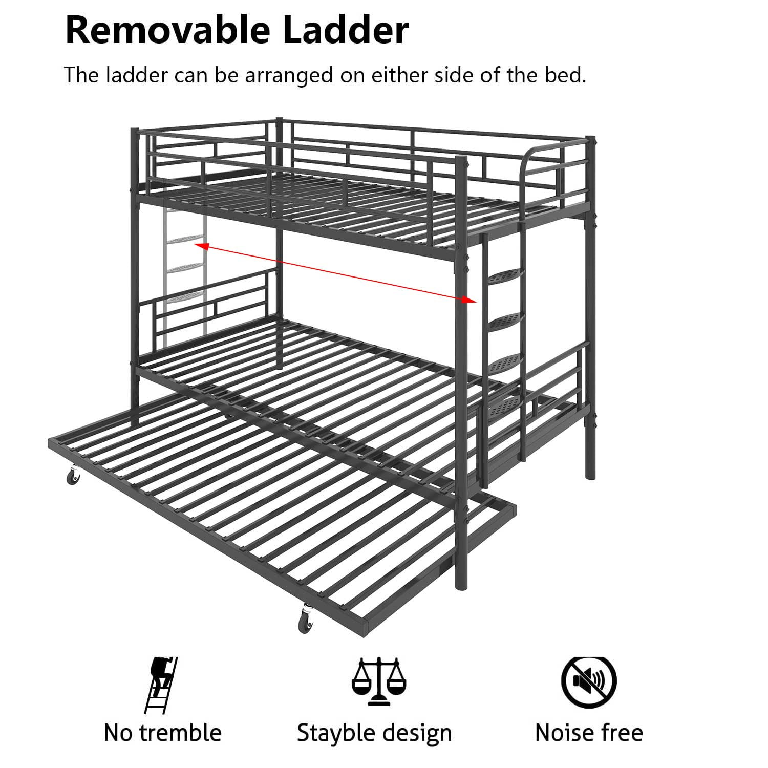 Triple Bunk Bed Twin over Twin with Trundle Metal Bunk Bed for Kids,Adults,Heavy Duty Bunk Bed with Full-Length Guardrail,Comfortable Step,Easy to Assemble,for 3