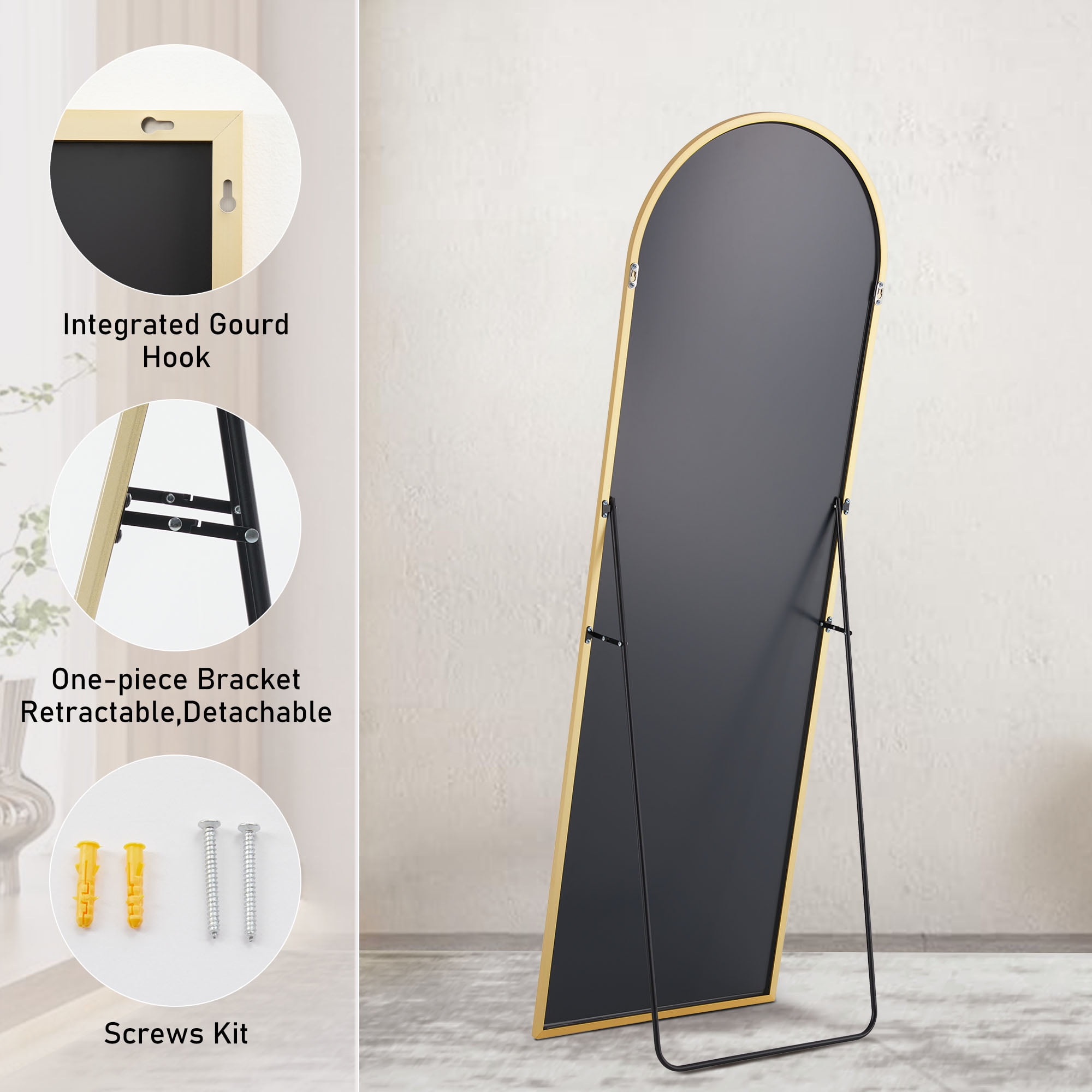 MAYEERTY 64"x21" Arched Full-Length Mirror - Floor Standing Full-Body, Gold
