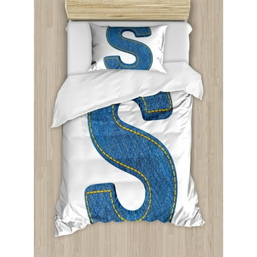 Letter S Twin Size Duvet Cover Set, Retro Style Denim Letter Character on White Background Conceptual Typography, Decorative 2 Piece Bedding Set with 1 Pillow Sham, Blue Yellow, by Ambesonne