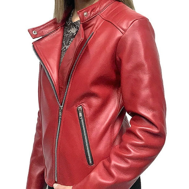 Chamarra de piel color rojo estilo cruzado con cierres metalicos para dama Castelli Leather Authentic Denisse Cruzado con cuello de broche
