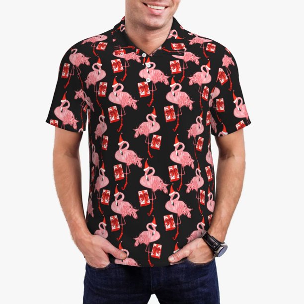 Fotbe New Year Flamingo Camiseta Polo de Golf para Hombre con Estampado – Camisa Deportiva Transpirable con Cuello Abotonado-Medium