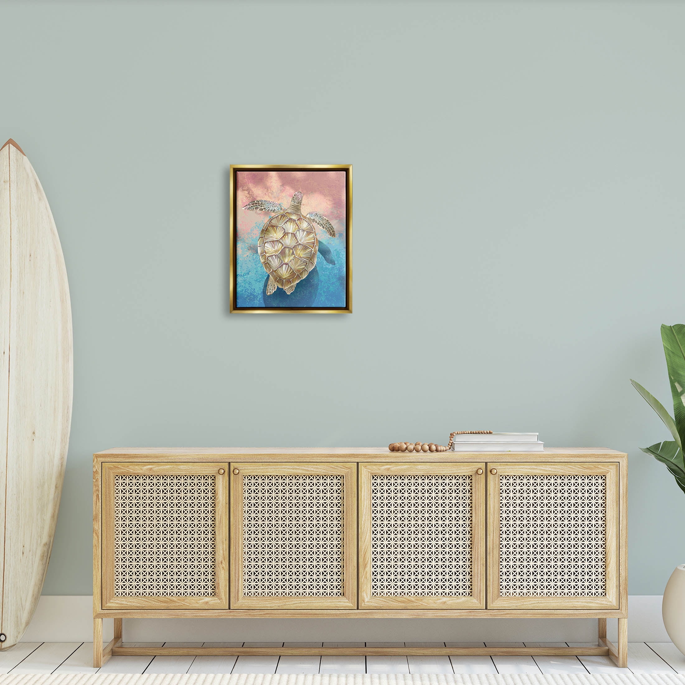 Stupell Industries Vivid Sea Turtle Swimming Painting Metallic Gold Floating Framed Canvas Print Wall Art, Design by Ziwei Li