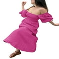 thumbnail image 3 of PENGXIANG Robe Midi d'Été pour Femmes Couleur Unie Col Carré Manches Lanterne Taille Haute Robe Décontractée Robe de Plage Vacances, 3 of 6