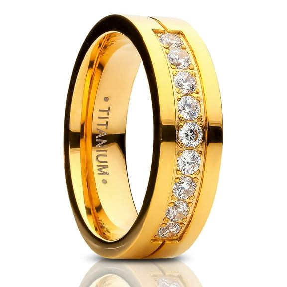 6mm Yellow Gold Titanium Wedding Ring,CZ Wedding Ring,Engagement Ring,Anniversary Ring,Titanium Wedding Band