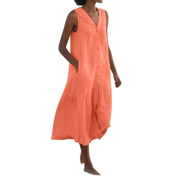 CZHJS Women's Cotton Lien Maxi Floor Dress Casual Loose Plain Dress Solid Color Vintage V Neck Summer Trending Dresses Fashion Sleeveless Dress Ancle Lenght Dress with Button Orange XXL
