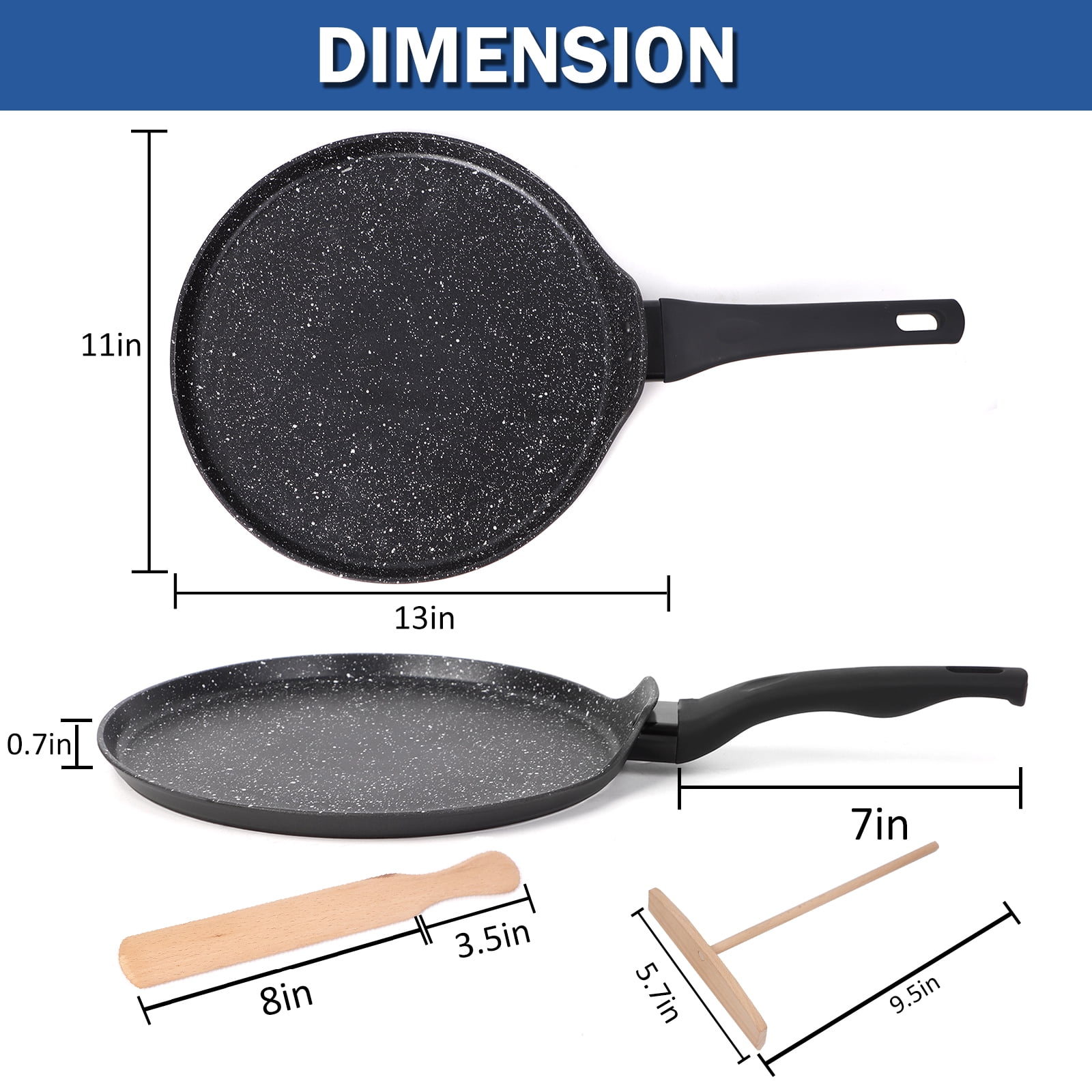 Crepe Pan Nonstick with Spreader & Spatula Kit, Clatine 11 inch Granite Stone Coating Flat Tortilla Skillet Tawa Dosa Pancake Pan , All Stove Tops Compatible, Black