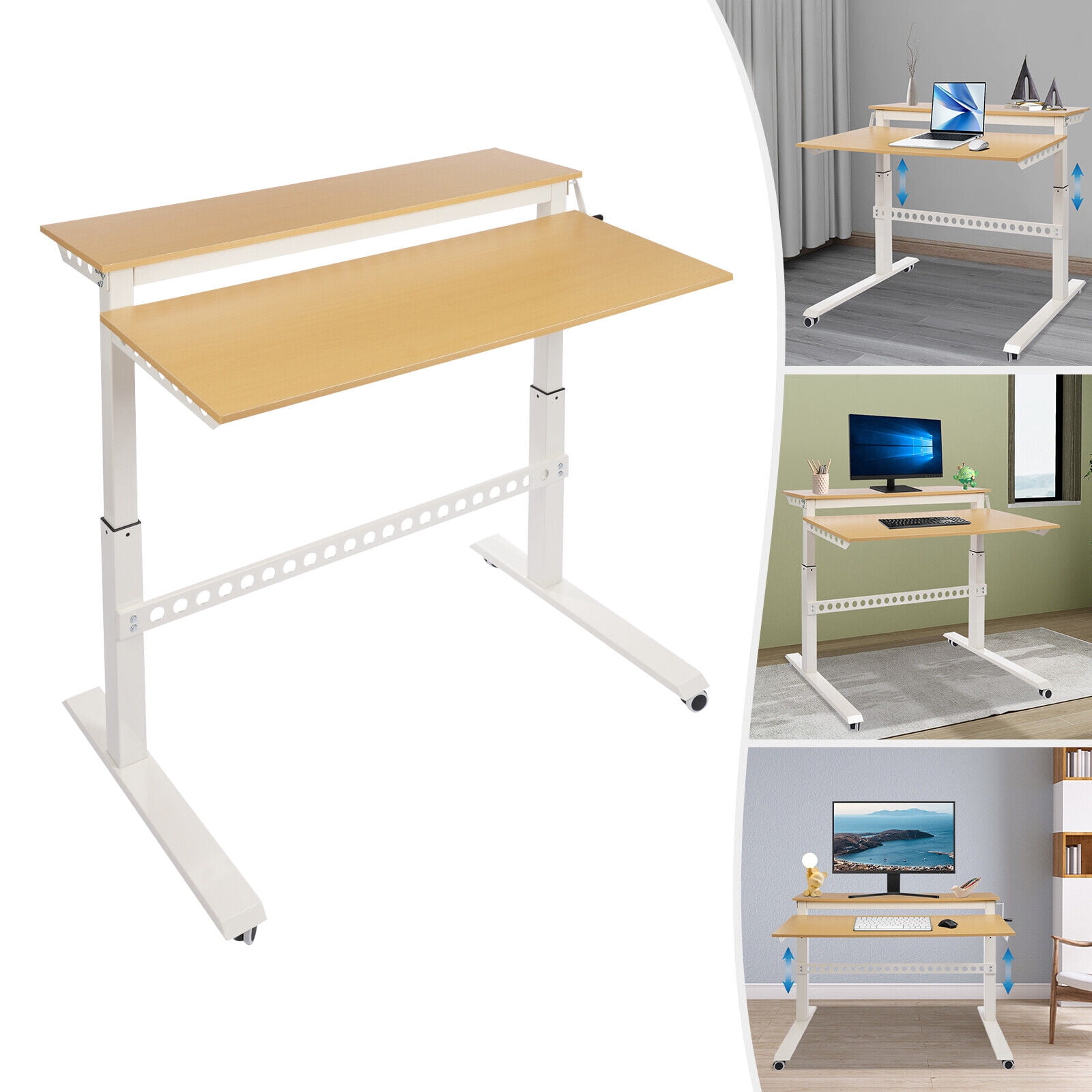 Mobile 2-Tier Rolling Laptop Desk with 4 Wheels, Adjustable Height Standing Desk,Rolling Computer Desk for Home Office