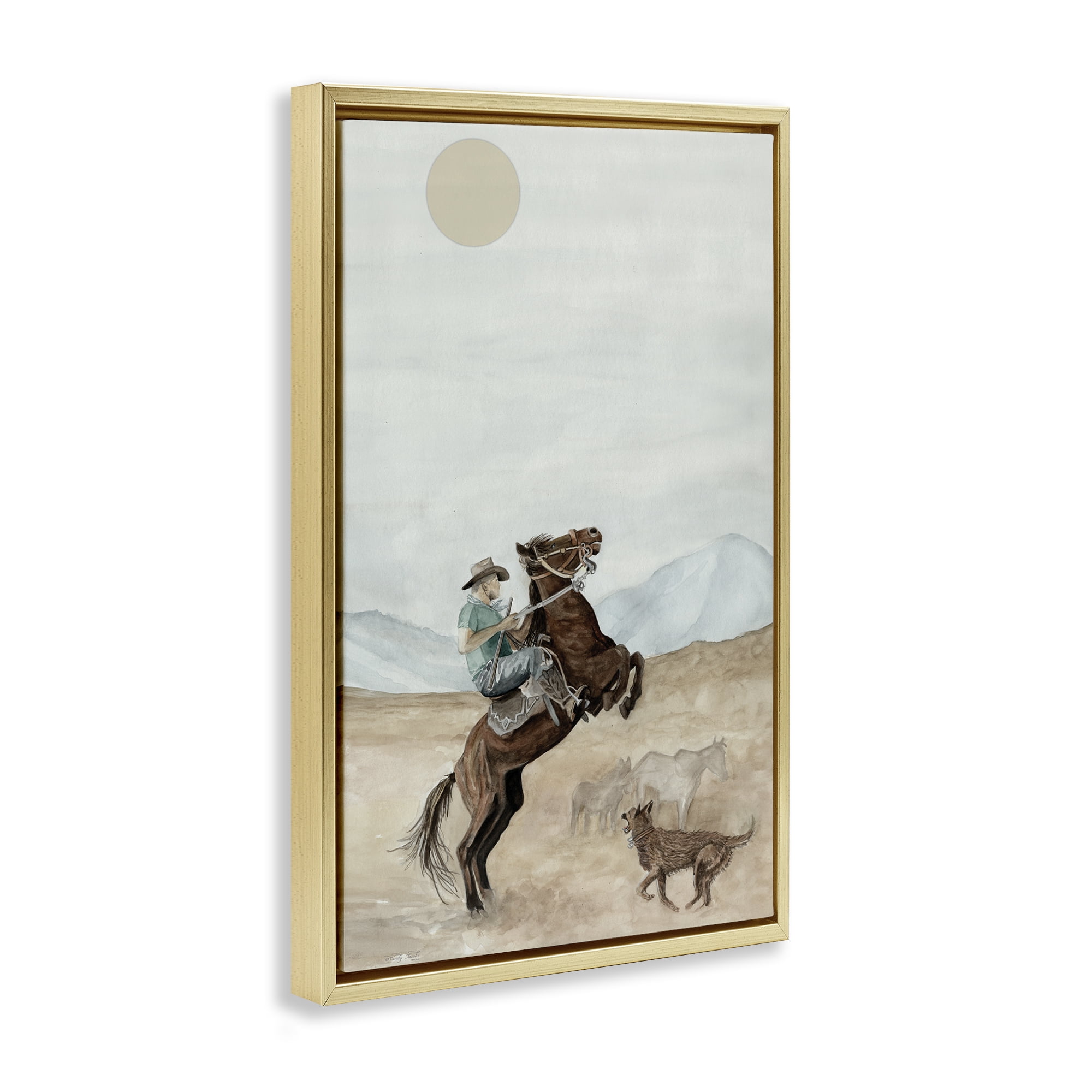 Stupell Industries Rearing Horse & Dog People Painting Gold Floater Framed Canvas Art Print Wall Art, 17 x 25