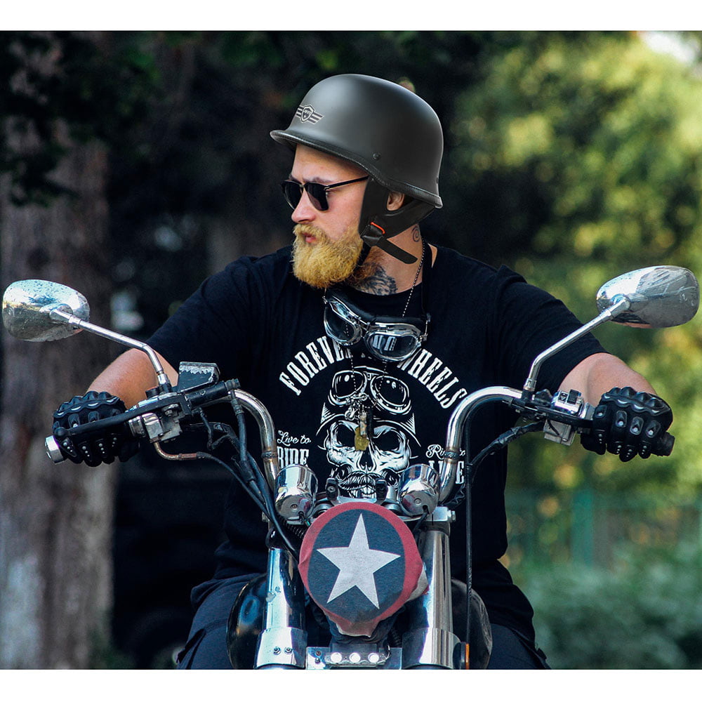 DOT German Motorcycle Half Helmet w/Goggles Skull Cap Scooter Chrome Silver L 