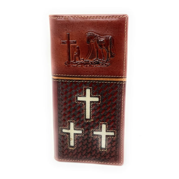 Western Mens Embossed Basketweave Cowhide Cross Praying Cowboy Long Wallet in 3 Colors